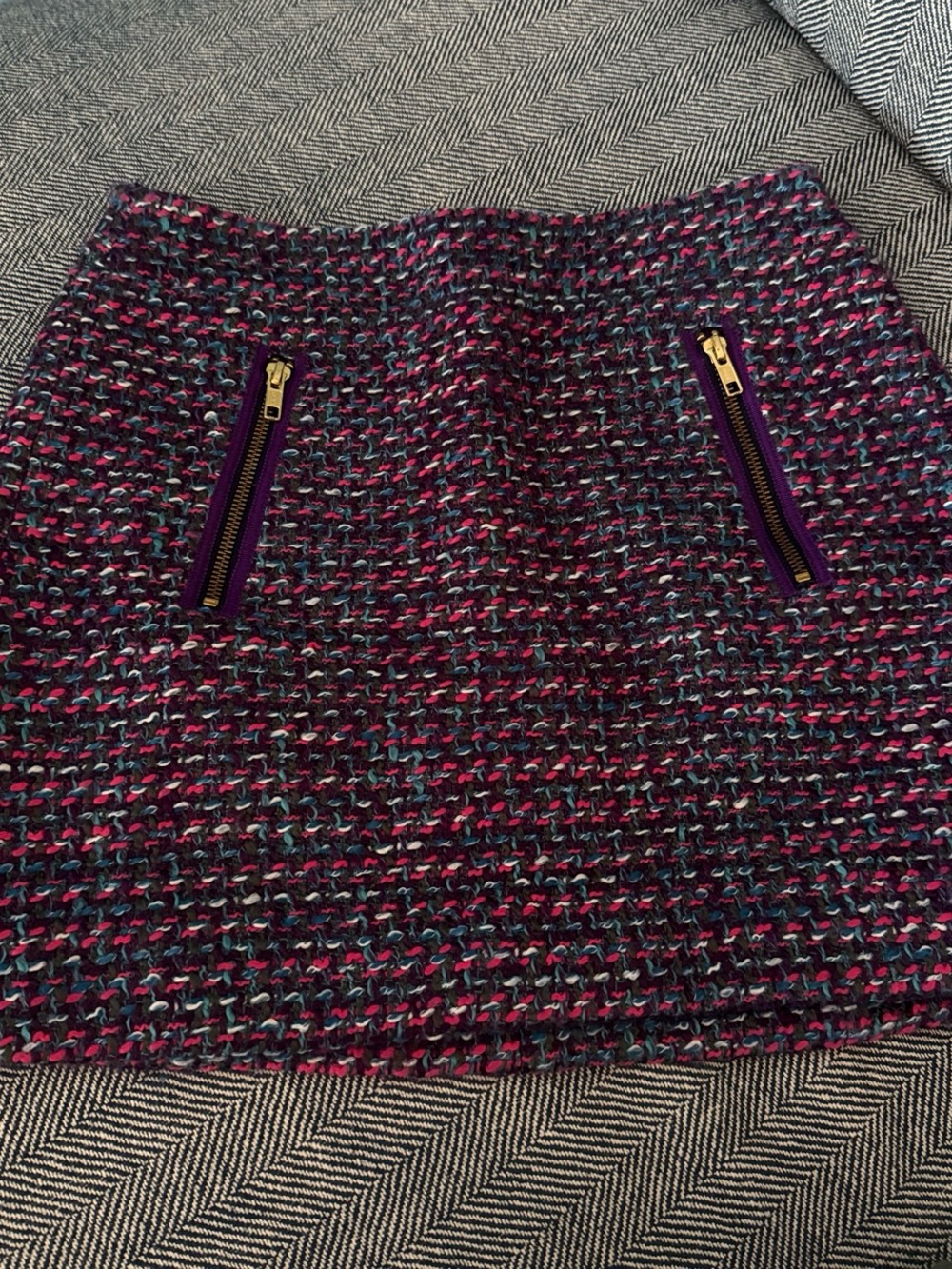 J. Crew Tweed Mini Skirt in Navy, Pink, and Teal with Gold Zips